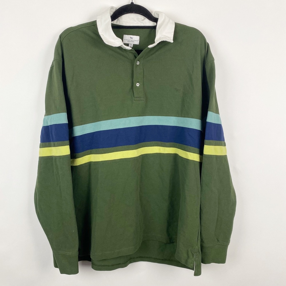 Simply‎ Southern Rugby Shirt Mens XXL Green Striped Long Sleeve Cotton Polo